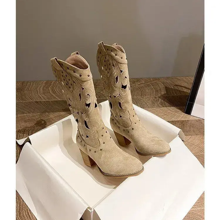 Hollow Embroidered Vintage Western Boots Women  Autumn Chunky Heels Knee High Cowboy Boots Woman Pu Leather Knight Booties