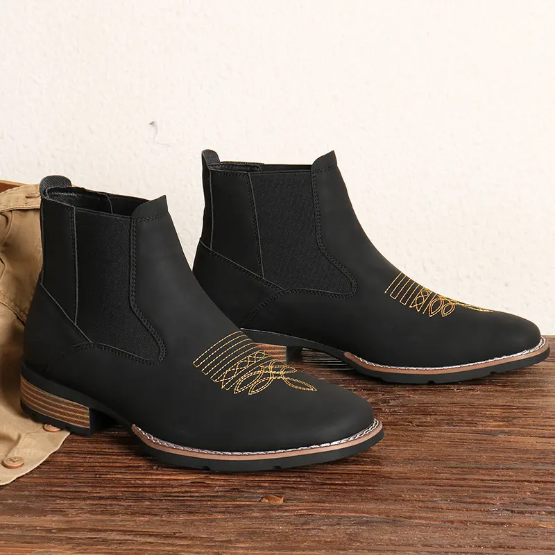 Men's Chelsea Boots High Quality Casual Leather Boots Retro Ankle Boots for Men Embroidery Western Cowboy Boot Botas Masculinas