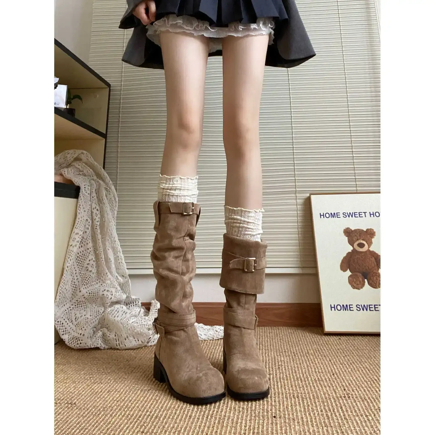 Platform Thick Heel Women Western Cowboy Boots Fashion Slip On Folded Pile Long Booties Female Shoes Autumn Winter