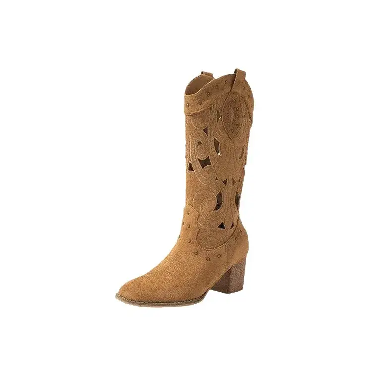Hollow Embroidered Vintage Western Boots Women  Autumn Chunky Heels Knee High Cowboy Boots Woman Pu Leather Knight Booties