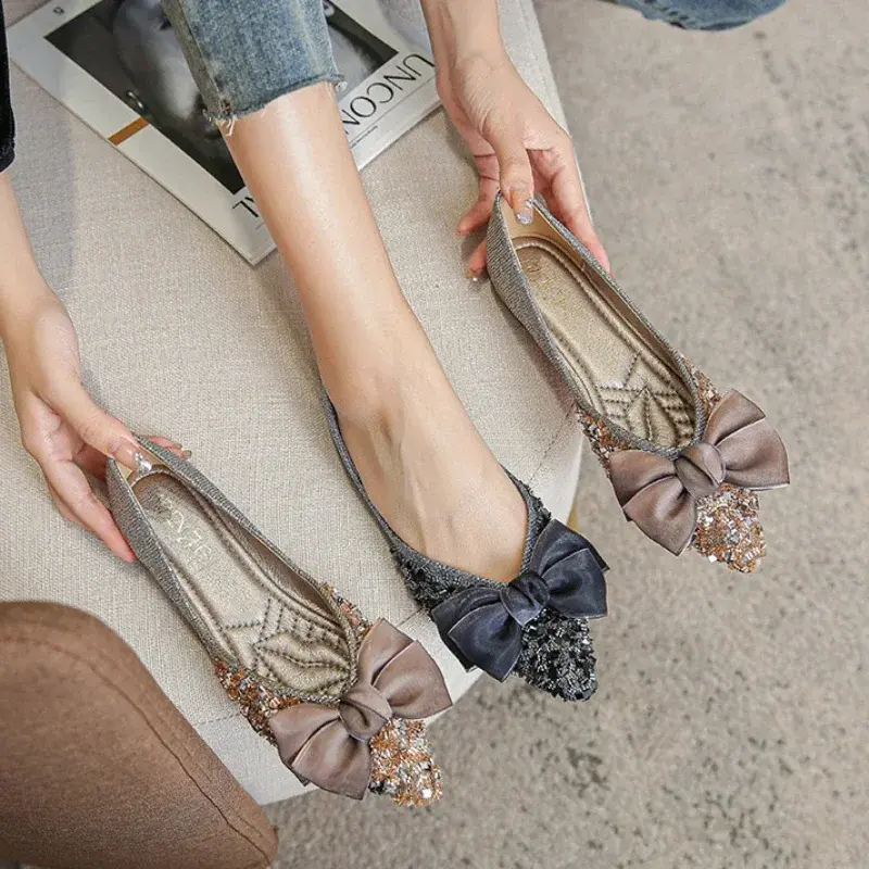 Women Bow Rhinestone Point Casual Shoes Women Flats Designer2024 Dress Walking Shoes Autumn New Trend Shallow Zapatillas Mujer