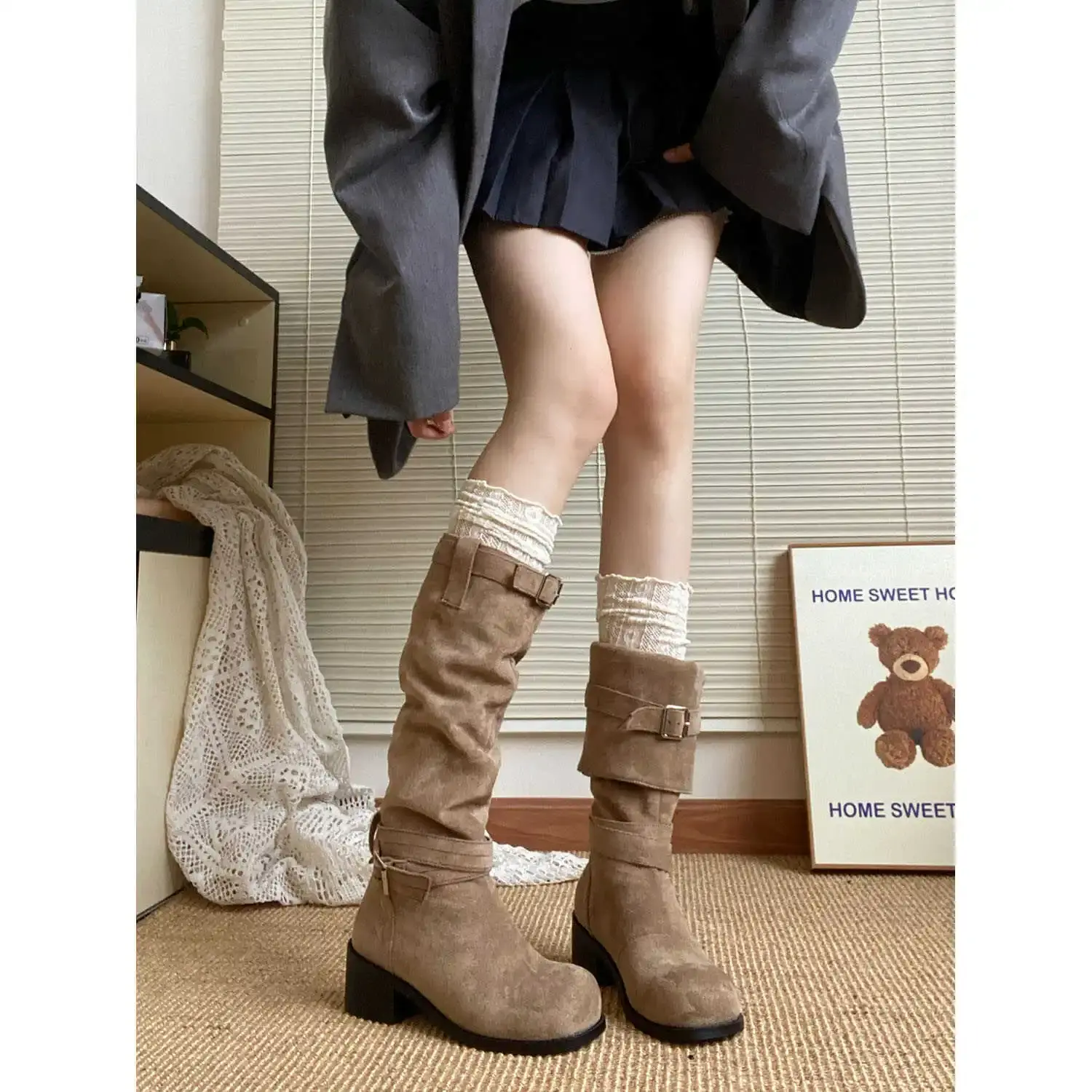 Platform Thick Heel Women Western Cowboy Boots Fashion Slip On Folded Pile Long Booties Female Shoes Autumn Winter