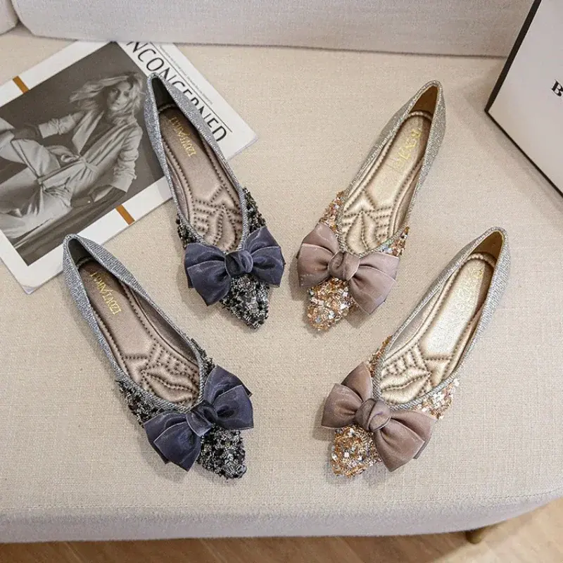 Women Bow Rhinestone Point Casual Shoes Women Flats Designer2024 Dress Walking Shoes Autumn New Trend Shallow Zapatillas Mujer