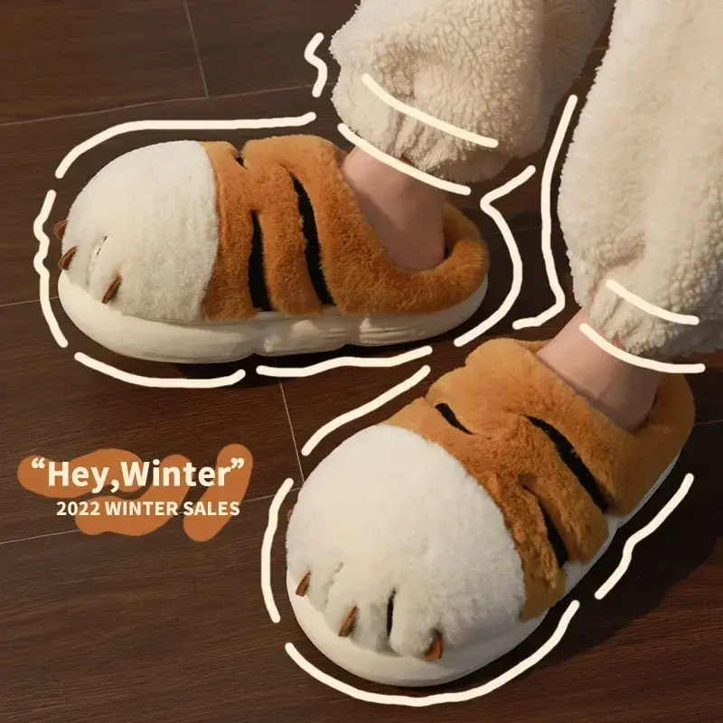 Cartoon Tiger Paw Slipper Winter Indoor Warm Fur Shoes Slides Cute Animals Plush Platform Design Claw Ladies Home Slippers 2025