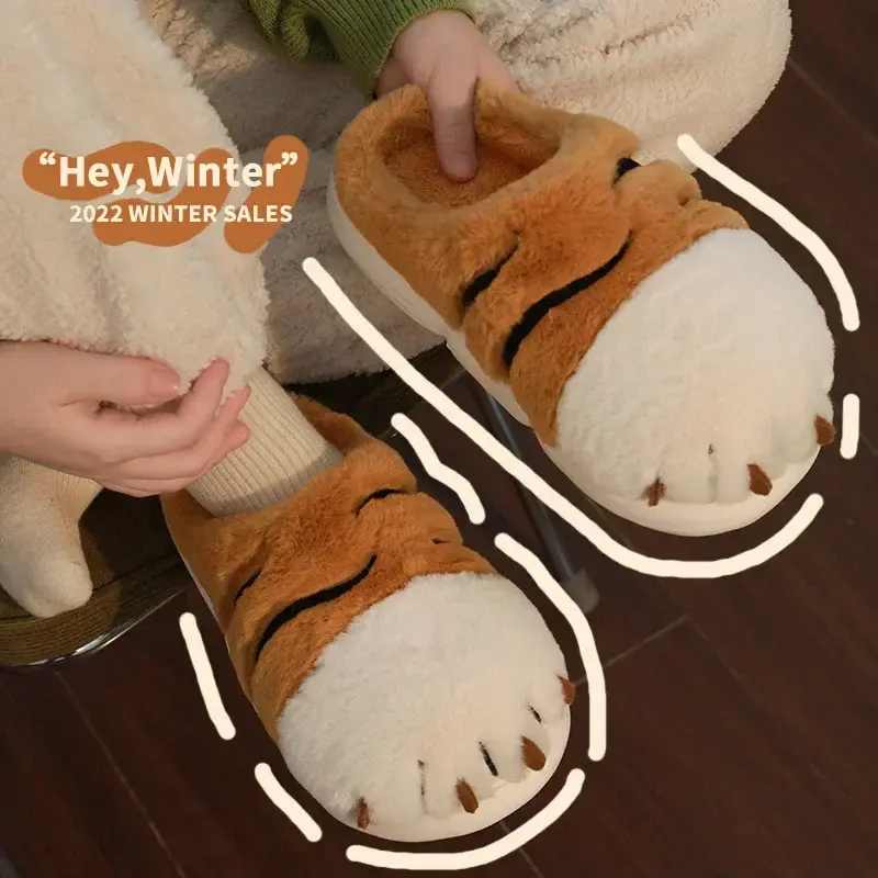 Cartoon Tiger Paw Slipper Winter Indoor Warm Fur Shoes Slides Cute Animals Plush Platform Design Claw Ladies Home Slippers 2025