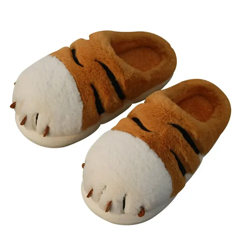 Cartoon Tiger Paw Slipper Winter Indoor Warm Fur Shoes Slides Cute Animals Plush Platform Design Claw Ladies Home Slippers 2025