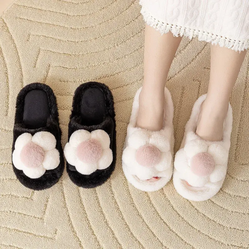 Women's Fashion Fluffy Home Slippers Winter Open Toe Soft Flat Heels Slides Female Cozy Indoor Non-slip Warm Furry Cotton Shoes
