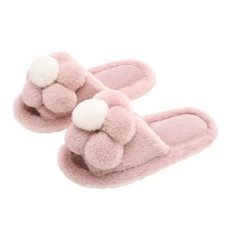 Women's Fashion Fluffy Home Slippers Winter Open Toe Soft Flat Heels Slides Female Cozy Indoor Non-slip Warm Furry Cotton Shoes