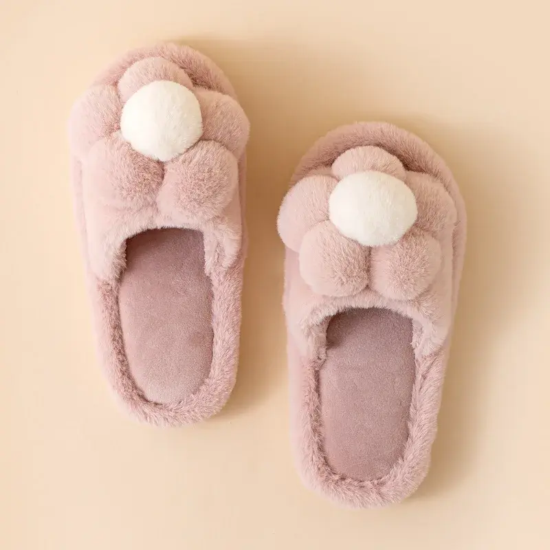 Women's Fashion Fluffy Home Slippers Winter Open Toe Soft Flat Heels Slides Female Cozy Indoor Non-slip Warm Furry Cotton Shoes