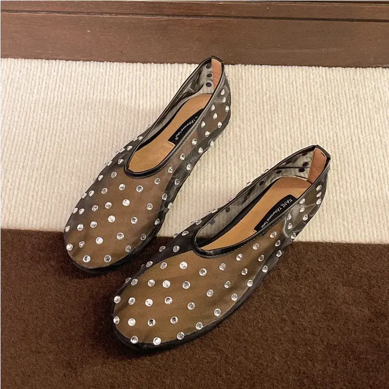 Luxury Crystal Rivet Design Mesh Sandals Women Light Breathable Flats Fashion Comfort Mules Shoes Elegant Loafers Ballet Shoes