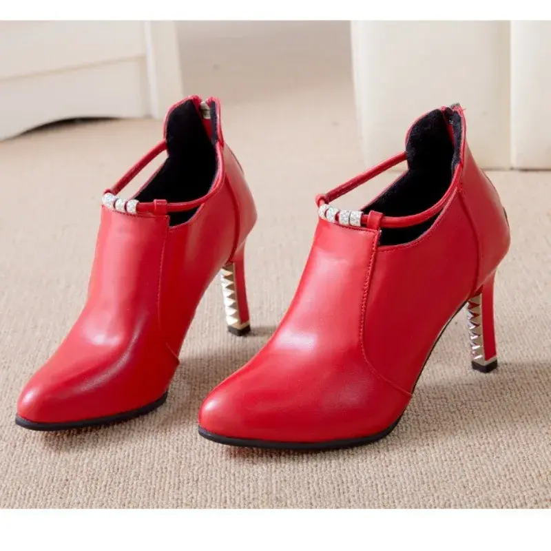 Women's Elegant Pointed Ankle Boots Autumn Winter Fashion Red Belt Buckle Pu Leather Short Boots Woman Thin Heeled Party Shoes