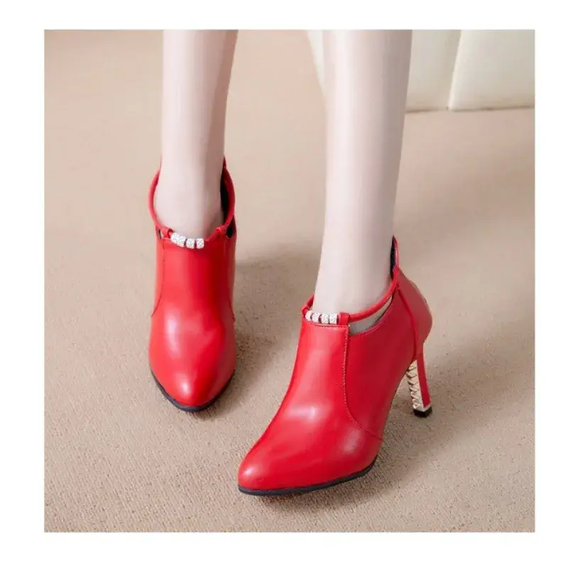 Women's Elegant Pointed Ankle Boots Autumn Winter Fashion Red Belt Buckle Pu Leather Short Boots Woman Thin Heeled Party Shoes