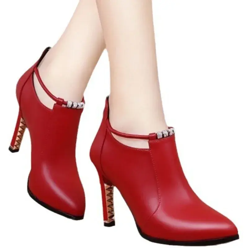 Women's Elegant Pointed Ankle Boots Autumn Winter Fashion Red Belt Buckle Pu Leather Short Boots Woman Thin Heeled Party Shoes