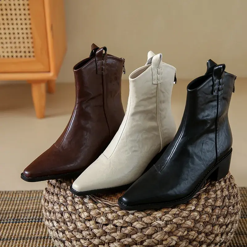 Women Fashion Chunky Heel Ankle Boots Fashion Solid Color Design Booties Women Autumn New Pointy Cowboy Boots Soft Leather Shoes