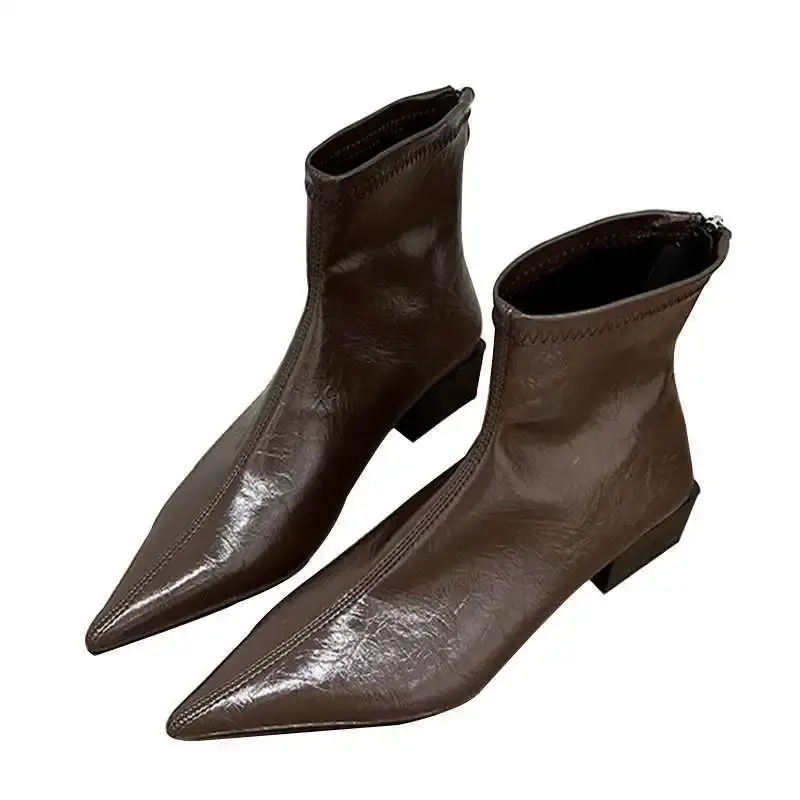 Women Pointed Ankle Boots Mid Heels Pointed Leather Sexy Chelsea Boots Trend Design Winter New Pumps Designer Short Botas Mujer
