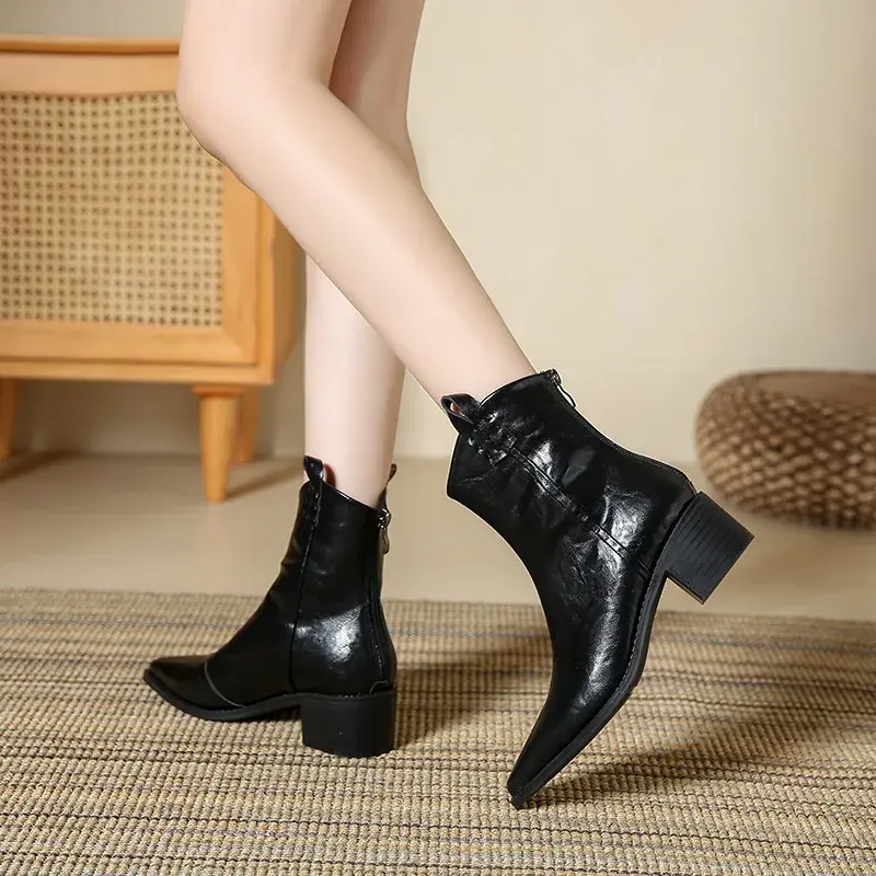 Women Fashion Chunky Heel Ankle Boots Fashion Solid Color Design Booties Women Autumn New Pointy Cowboy Boots Soft Leather Shoes
