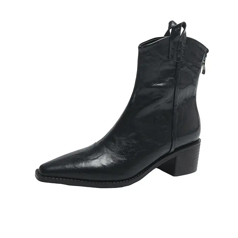 Women Fashion Chunky Heel Ankle Boots Fashion Solid Color Design Booties Women Autumn New Pointy Cowboy Boots Soft Leather Shoes
