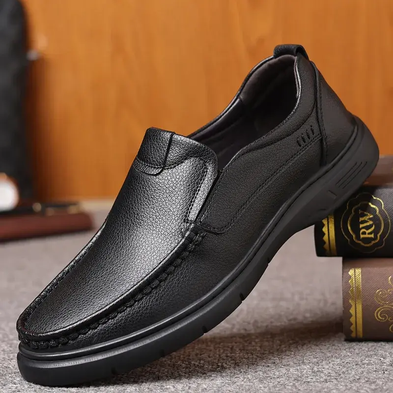 Men Casual Leather Shoes Fashionable Men Hollow Breathable Slip on Soft Leather Thick Soled Casual Leather Shoes 2025