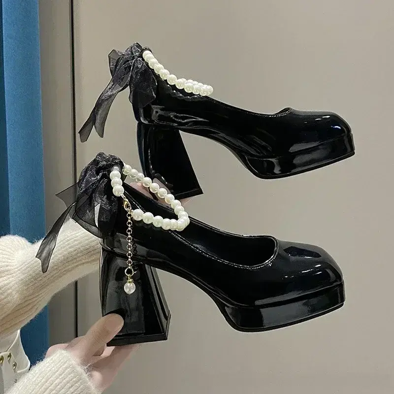 Women's High Heels with Elegant Bows Women Shoes Party Square Toe Pearl Sandals Thick Heel Shoes for Women Retro Zapatos2025