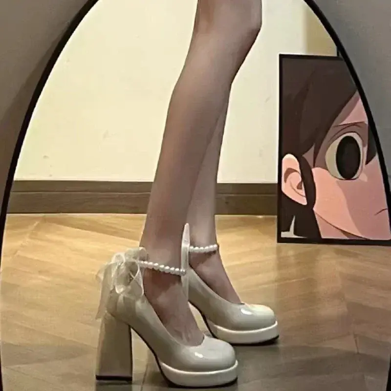 Women's High Heels with Elegant Bows Women Shoes Party Square Toe Pearl Sandals Thick Heel Shoes for Women Retro Zapatos2025