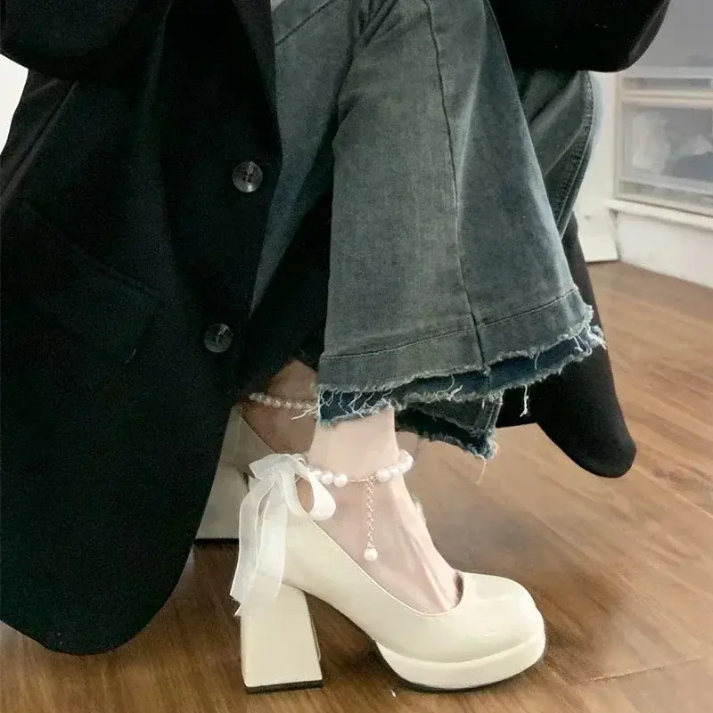 Women's High Heels with Elegant Bows Women Shoes Party Square Toe Pearl Sandals Thick Heel Shoes for Women Retro Zapatos2025