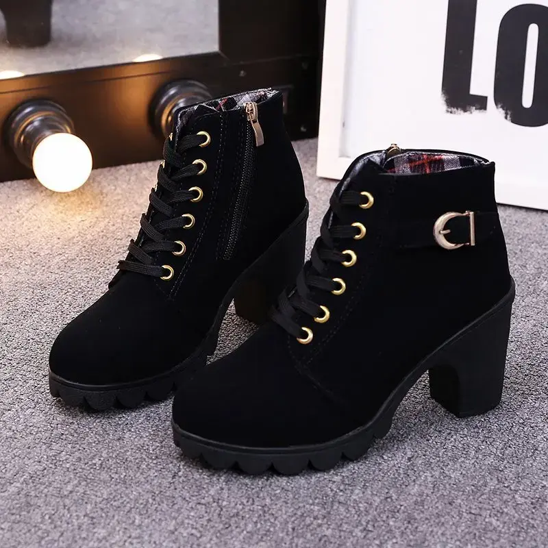 Spring Winter Women Pumps Boots High Quality Lace-up European Ladies Shoes PU High Heels Boots Fast Delivery