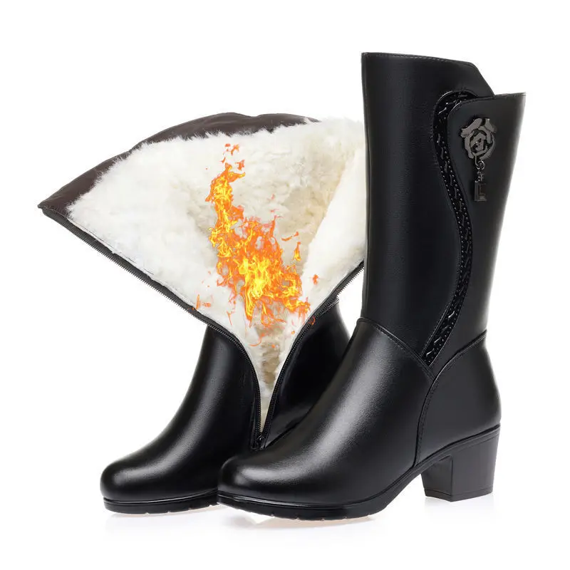 Women Pointed Toe Knee High Boots Winter New Trend Chunky Pumps Fashion Mid-calf Fleece Warm Shoes Ladies High Heel Cotton Shoes