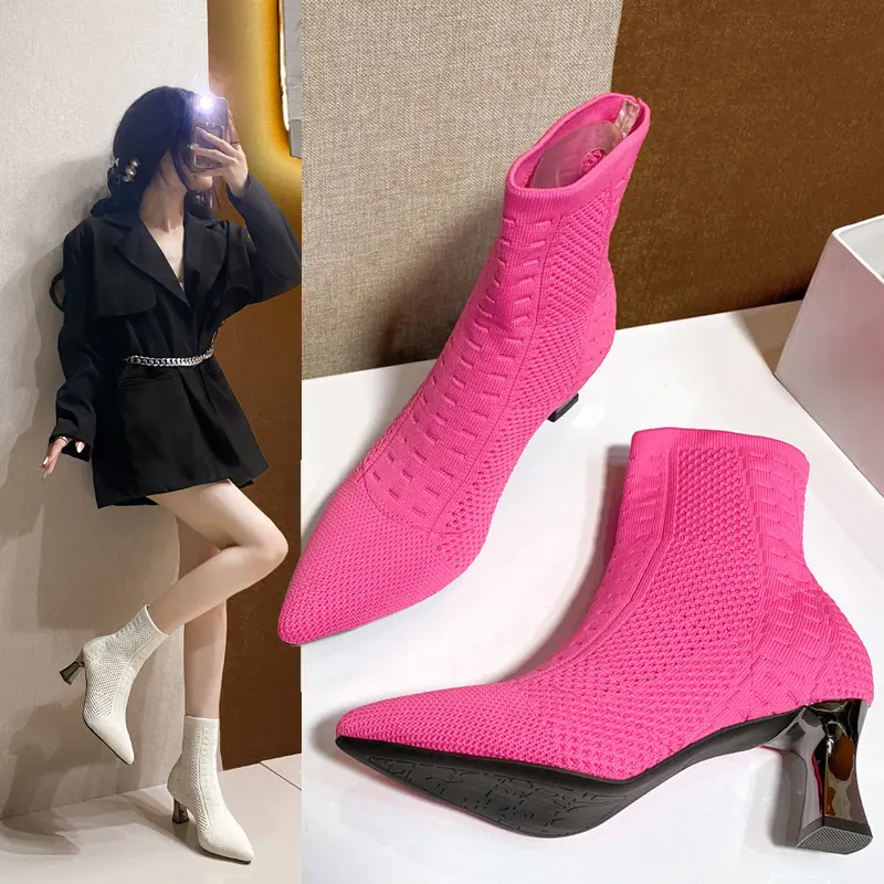 Women Hot Sale High Heels Short Boots 2024 Winter Designer Square Toe Mesh Breathable Stretch Sock Boots Slip on Platform Shoes