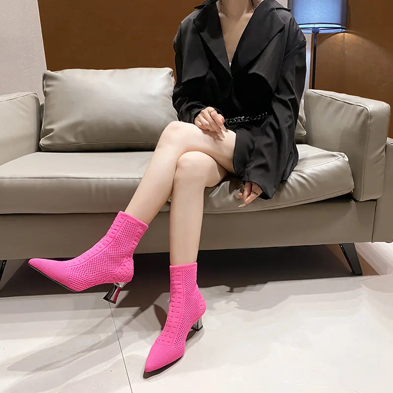 Women Hot Sale High Heels Short Boots 2024 Winter Designer Square Toe Mesh Breathable Stretch Sock Boots Slip on Platform Shoes