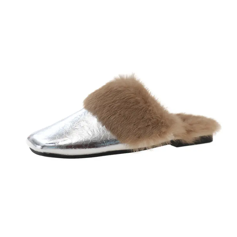 Fur Mules Shoes Women Slippers Warm Home Flats Cotton Shoes Winter 2024 Trend Fashion Flip Flops Brand Casual Plush Zapatos Lady