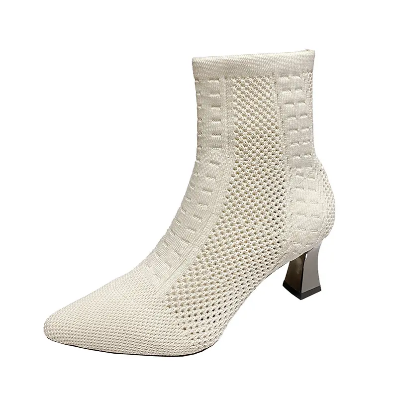 Women Hot Sale High Heels Short Boots 2024 Winter Designer Square Toe Mesh Breathable Stretch Sock Boots Slip on Platform Shoes