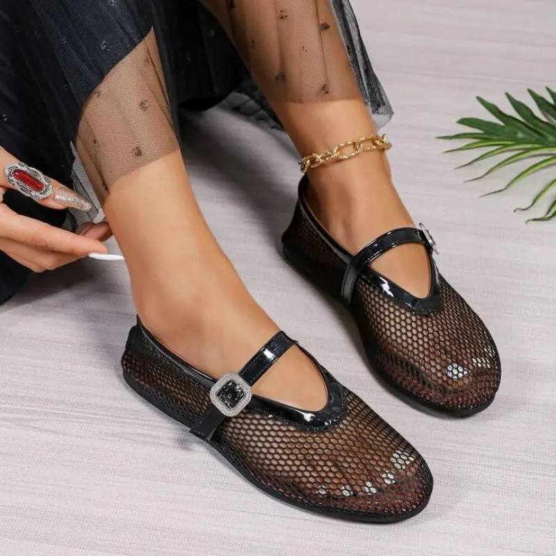 Fashionable Mesh Women's Ballet Mary Jane Shoes Summer Walking Shoes Round Toe Buckle Flats
