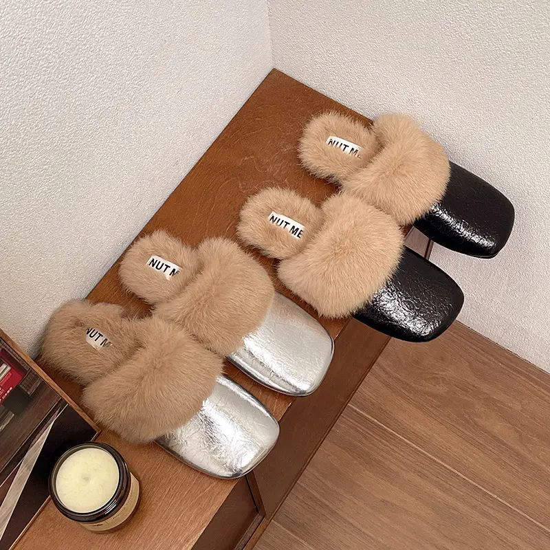 Fur Mules Shoes Women Slippers Warm Home Flats Cotton Shoes Winter 2024 Trend Fashion Flip Flops Brand Casual Plush Zapatos Lady