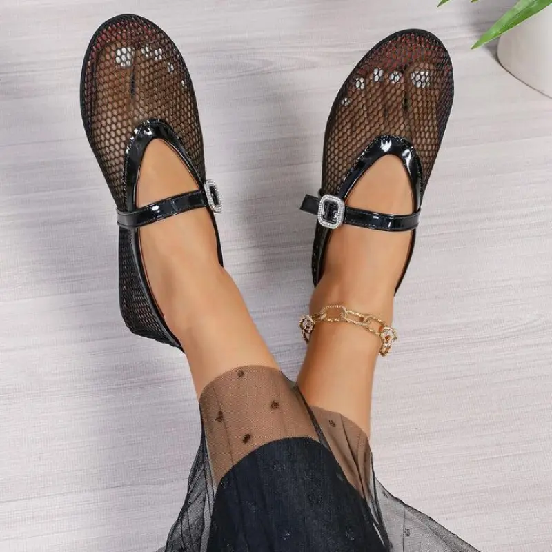 Fashionable Mesh Women's Ballet Mary Jane Shoes Summer Walking Shoes Round Toe Buckle Flats