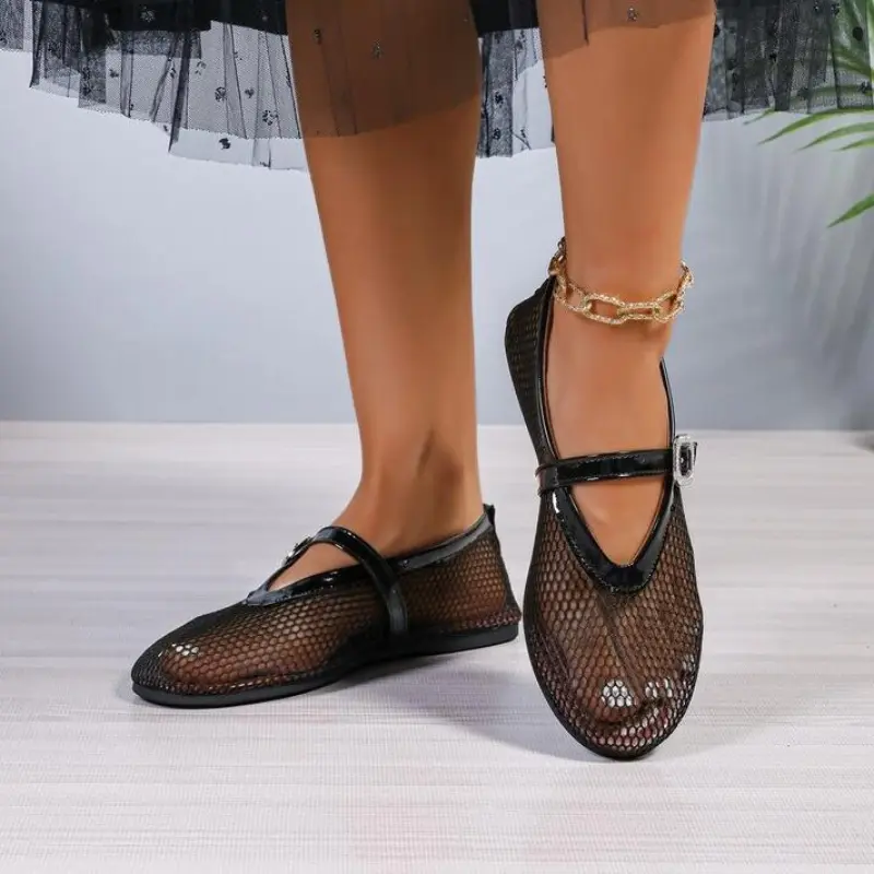 Fashionable Mesh Women's Ballet Mary Jane Shoes Summer Walking Shoes Round Toe Buckle Flats