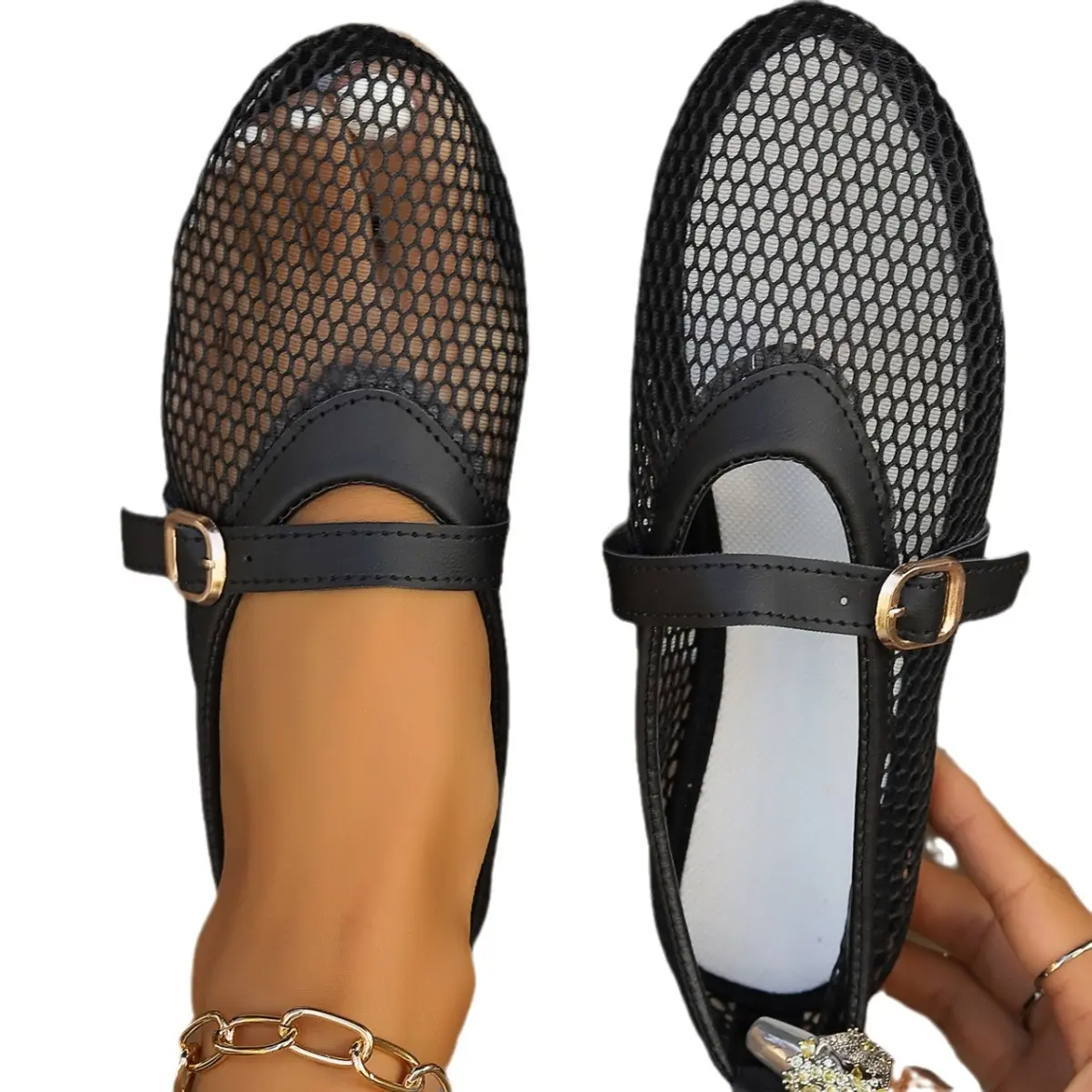 Fashionable Mesh Women's Ballet Mary Jane Shoes Summer Walking Shoes Round Toe Buckle Flats
