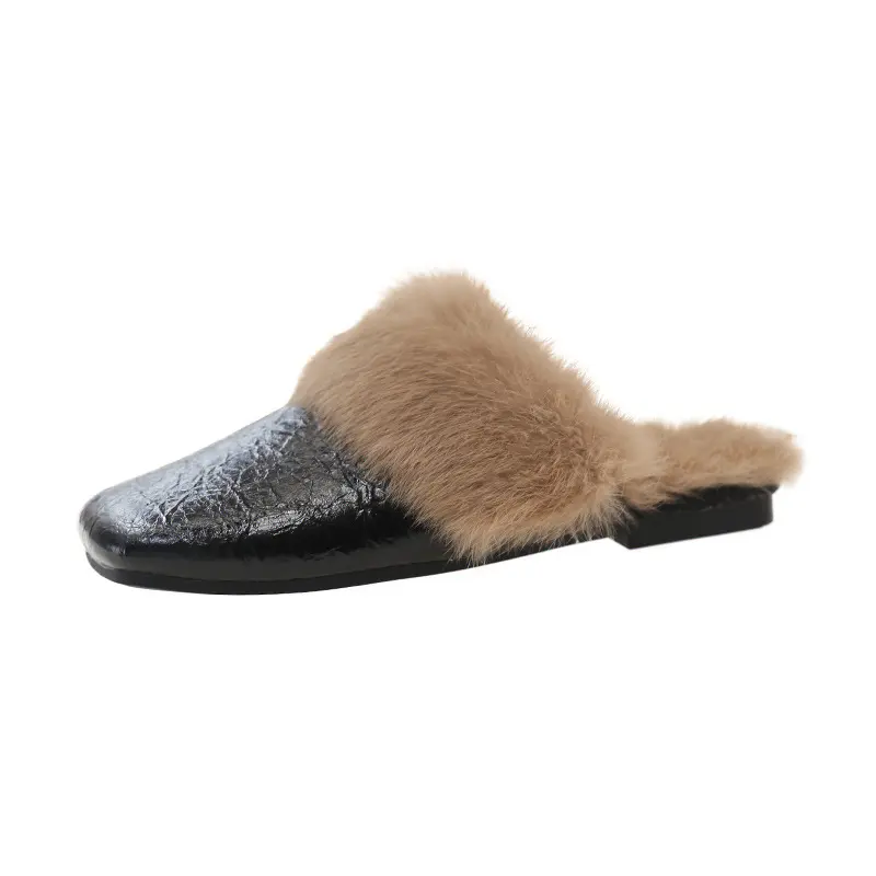 Fur Mules Shoes Women Slippers Warm Home Flats Cotton Shoes Winter 2024 Trend Fashion Flip Flops Brand Casual Plush Zapatos Lady