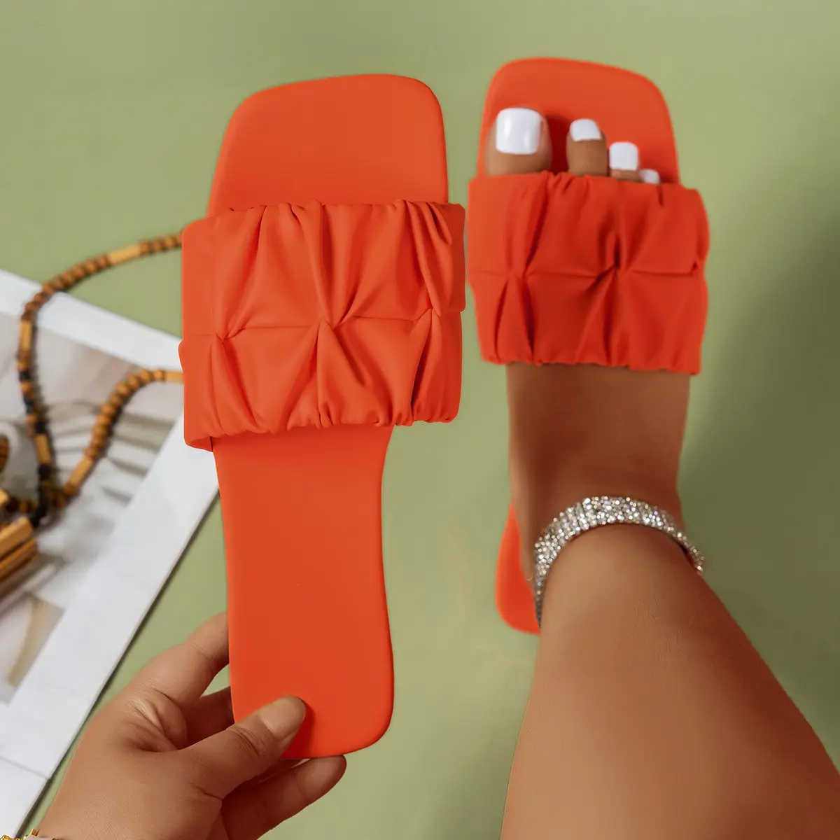 Women's Pleated Summer Slippers, Trendy Flat Bottomed Women's Outdoor Sandals, Flip Cover 2024 Luxury Design Women's Shoes