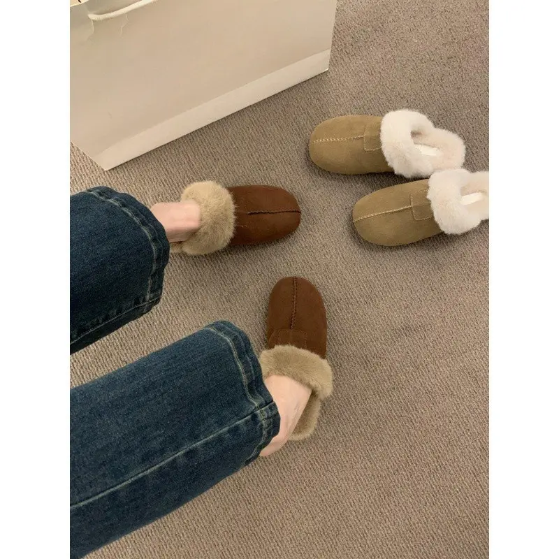 2024 New Faux Suede Faux Fur Slippers Women Home Warm Non Slip Slides Woman Causal Flat Heels Plush Slippers Female Cotton Shoes