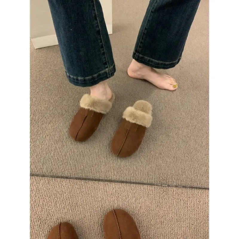 2024 New Faux Suede Faux Fur Slippers Women Home Warm Non Slip Slides Woman Causal Flat Heels Plush Slippers Female Cotton Shoes
