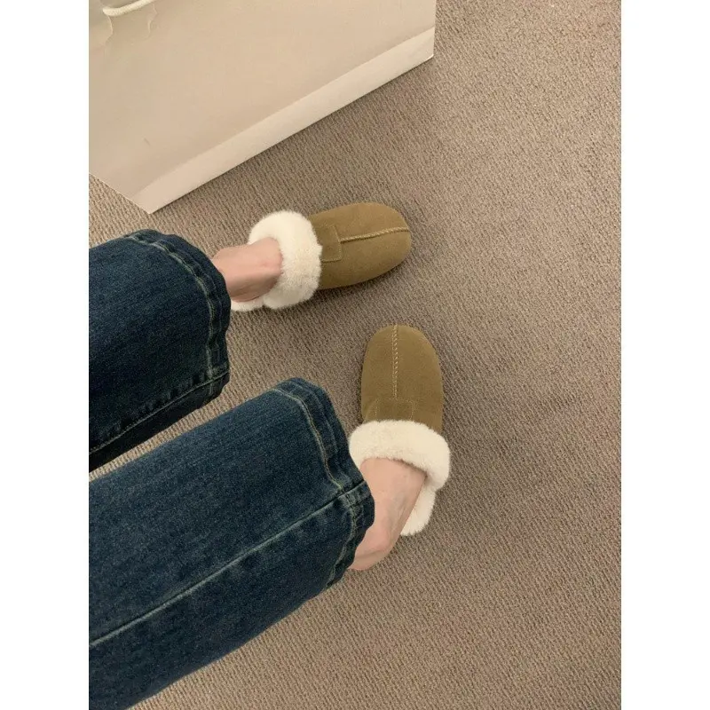 2024 New Faux Suede Faux Fur Slippers Women Home Warm Non Slip Slides Woman Causal Flat Heels Plush Slippers Female Cotton Shoes