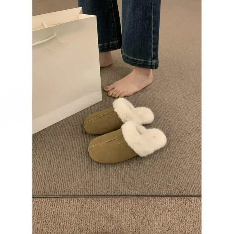 2024 New Faux Suede Faux Fur Slippers Women Home Warm Non Slip Slides Woman Causal Flat Heels Plush Slippers Female Cotton Shoes