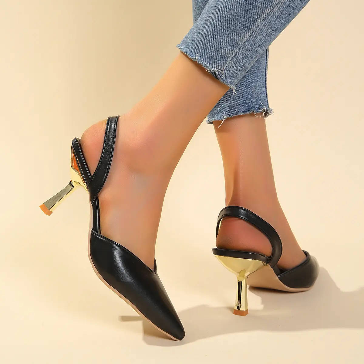 Women's Sandals Sexy Pointed Toe Elegant Solid Color PU Leather High Heels Shallow Mouth Slip-On Summer Baotou Women's Sandals
