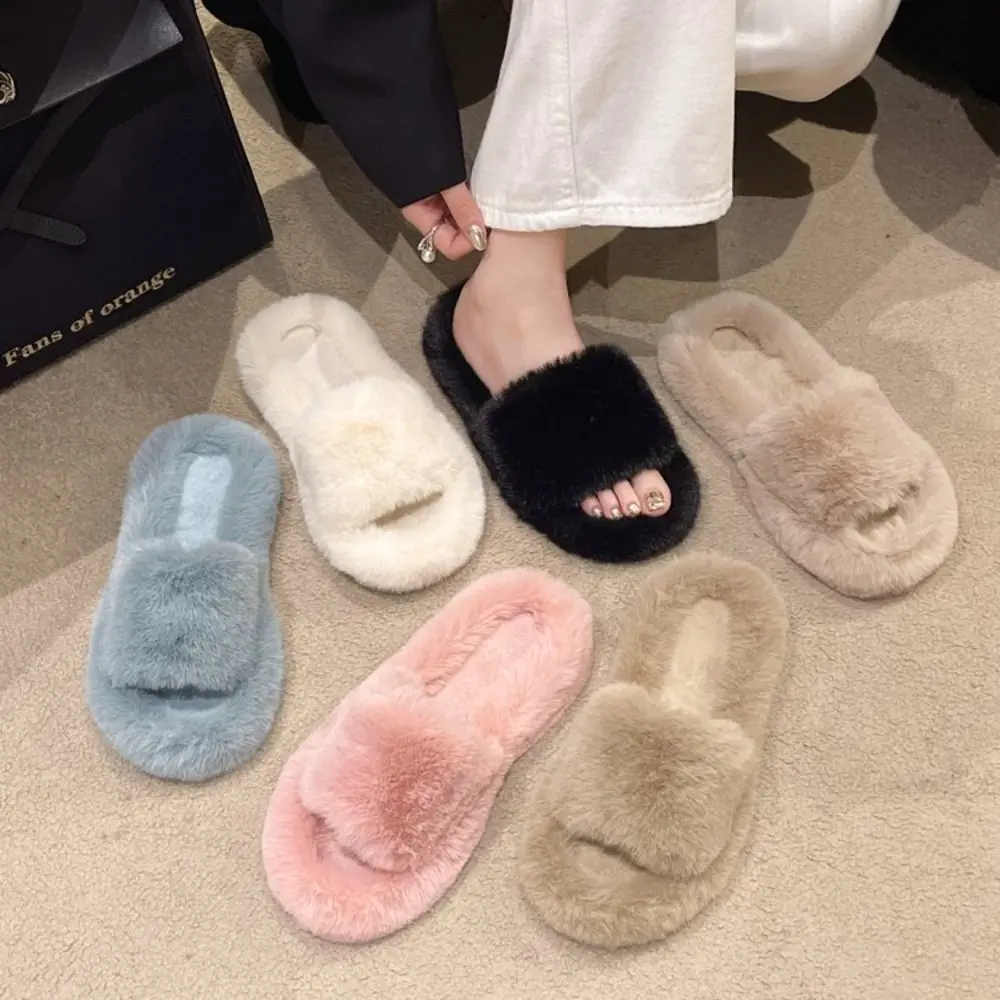 Winter Women Winter House Furry Slippers Non-Slip Casual Indoor Flats Floor Shoes Ladies Flip Flops Warm Shoes Solid Colors