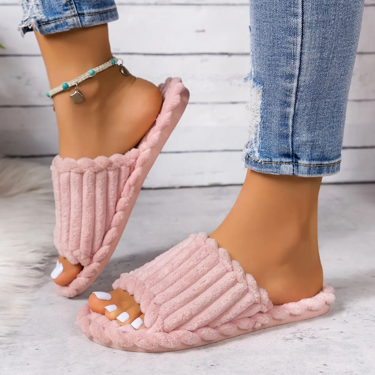 2024 Women's New Fashionable and Minimalist One Word Slippers for Indoor and Home Couples with Striped Open Toe Cotton Slippers