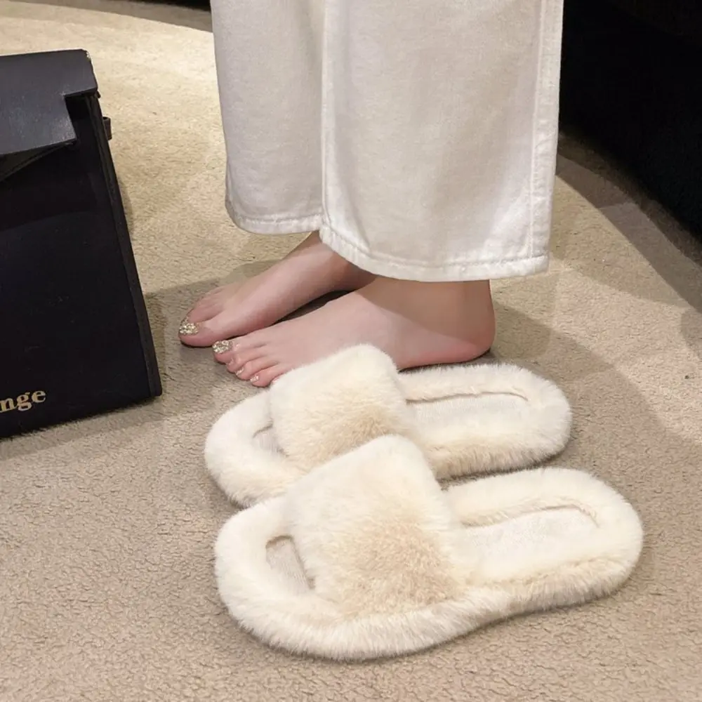 Winter Women Winter House Furry Slippers Non-Slip Casual Indoor Flats Floor Shoes Ladies Flip Flops Warm Shoes Solid Colors