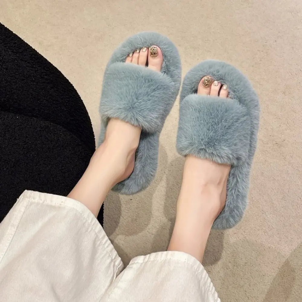 Winter Women Winter House Furry Slippers Non-Slip Casual Indoor Flats Floor Shoes Ladies Flip Flops Warm Shoes Solid Colors