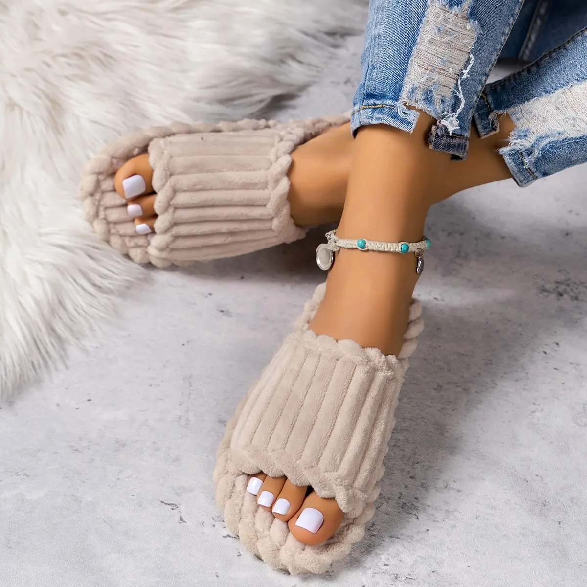2024 Women's New Fashionable and Minimalist One Word Slippers for Indoor and Home Couples with Striped Open Toe Cotton Slippers