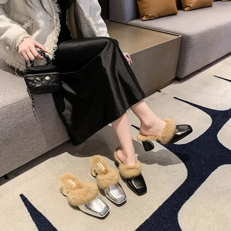 Fur Women High Heels Cotton Slippers Fashion New Chunky Elegant Shoes 2025 Trend Winter Party Flip Flops Pumps Plush Snow Botas