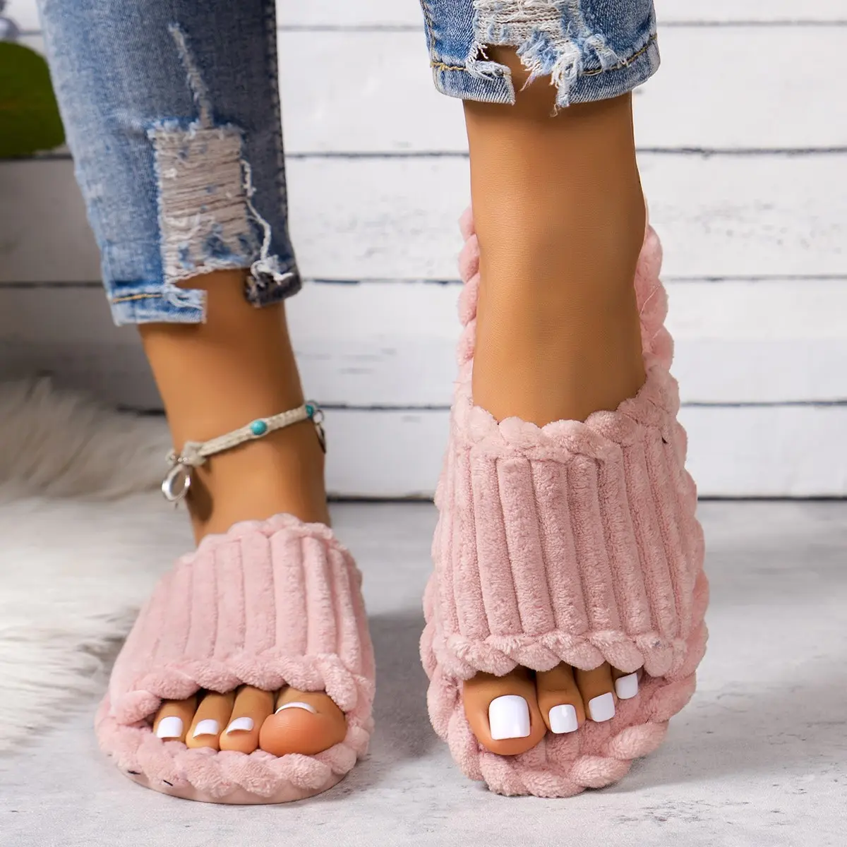 2024 Women's New Fashionable and Minimalist One Word Slippers for Indoor and Home Couples with Striped Open Toe Cotton Slippers